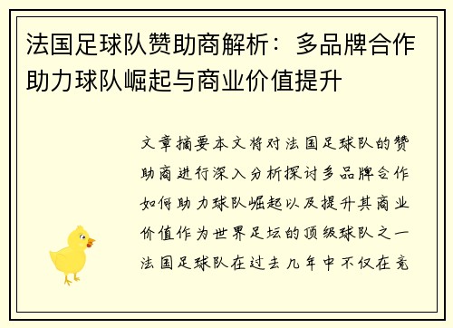 法国足球队赞助商解析：多品牌合作助力球队崛起与商业价值提升